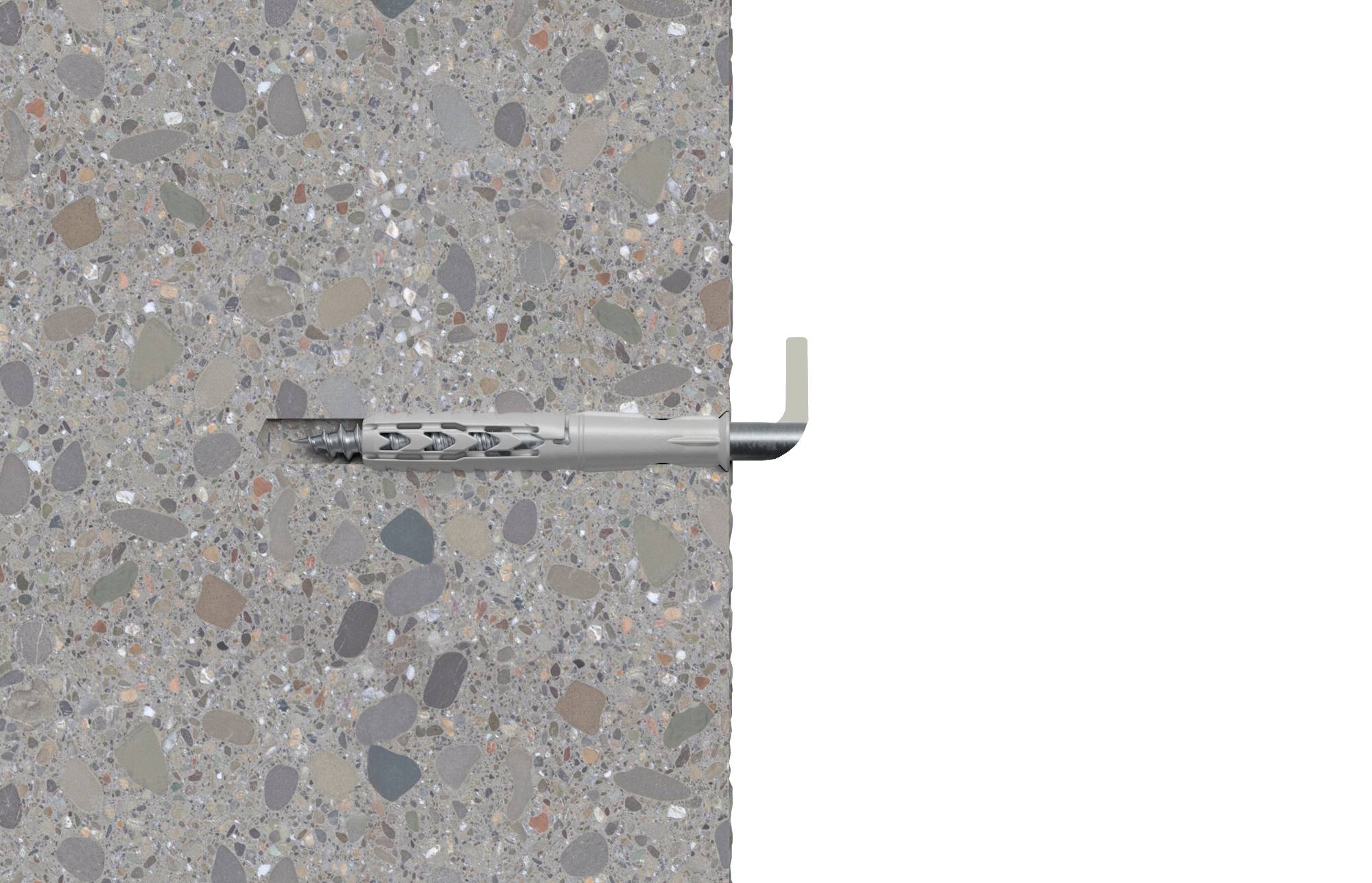 Srebrni vijčani sidreni element djelomično uložen u betonsku strukturu prikazuje metodu učvršćivanja i stabilnosti u građevnom materijalu.