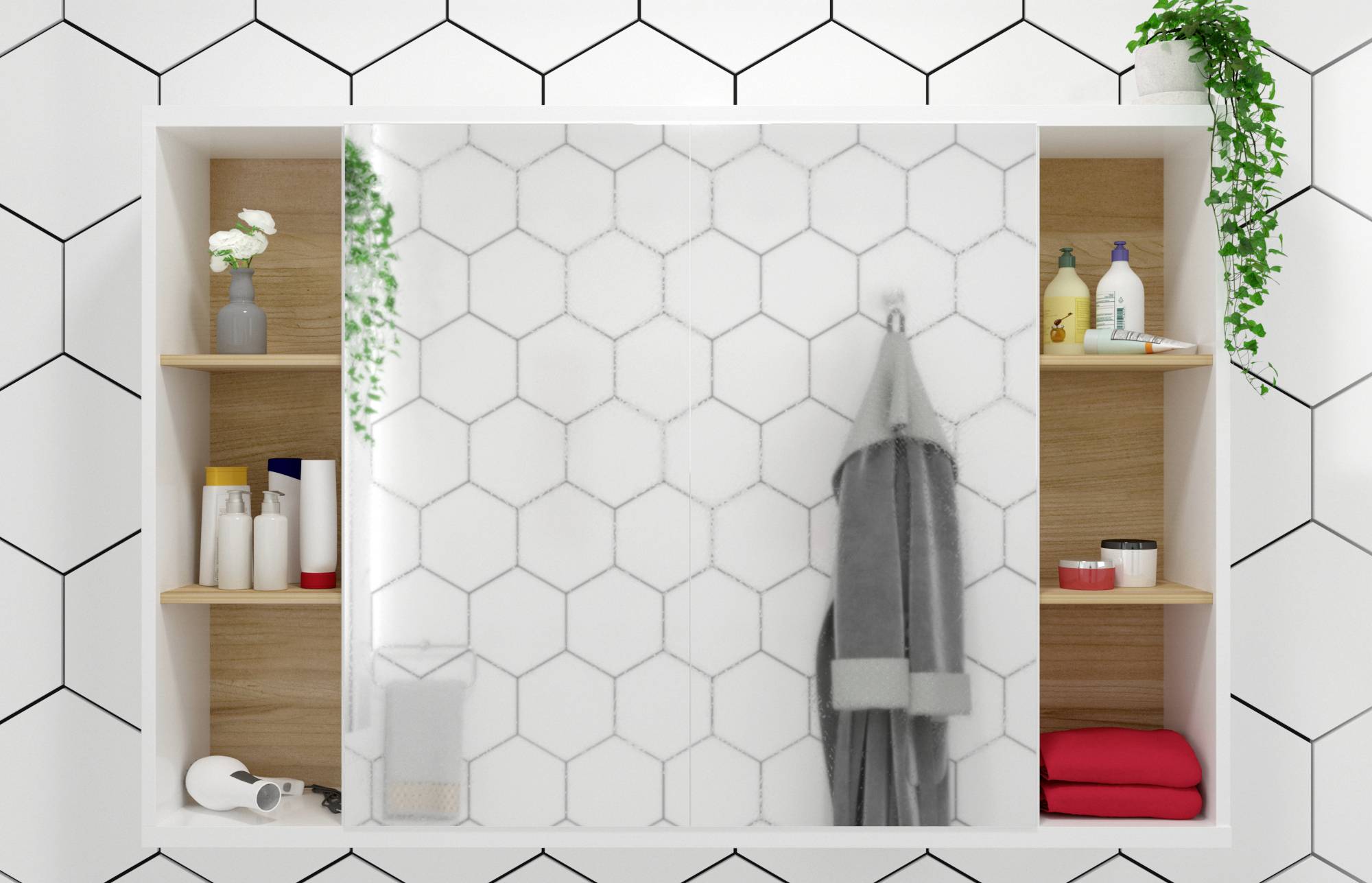 Ogledalo s dvije police, napunjene kozmetičkim proizvodima i biljkama, ispred zida obloženog bijelim keramičkim pločicama u kupaonici.