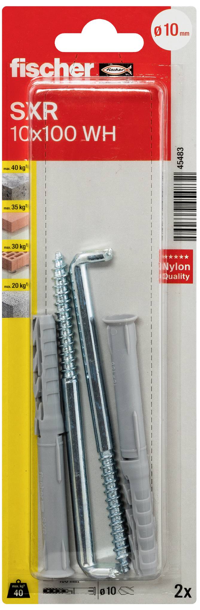Paket sa dva Fischer SXR tiplera i vijaka, pogodan za beton i zidove, nosivost do 40 kg.