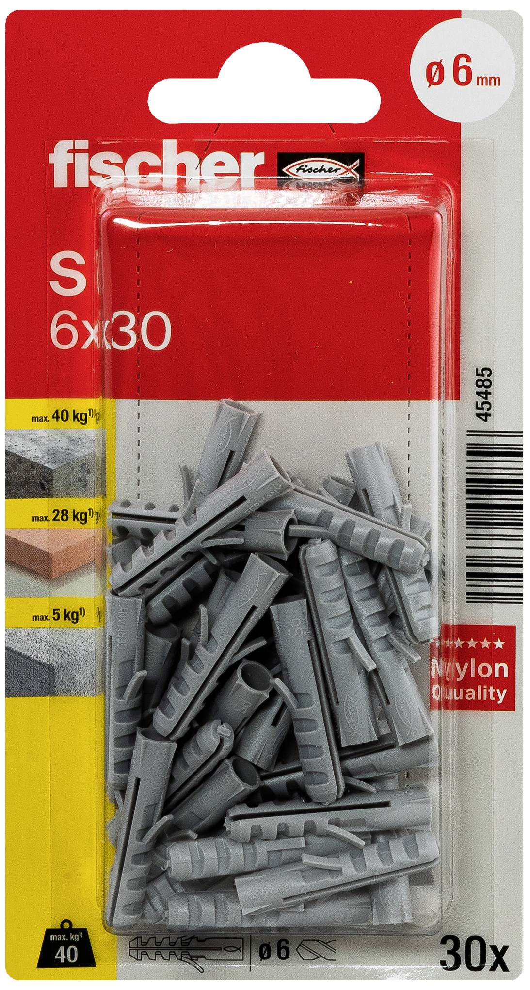 Sivi tipli u pakiranju. Tekst na pakiranju: 'fischer S 6x30', 'Nylon Quality', Kapacitet: 40 kg, 28 kg, 6 mm i sadržano 30 komada.