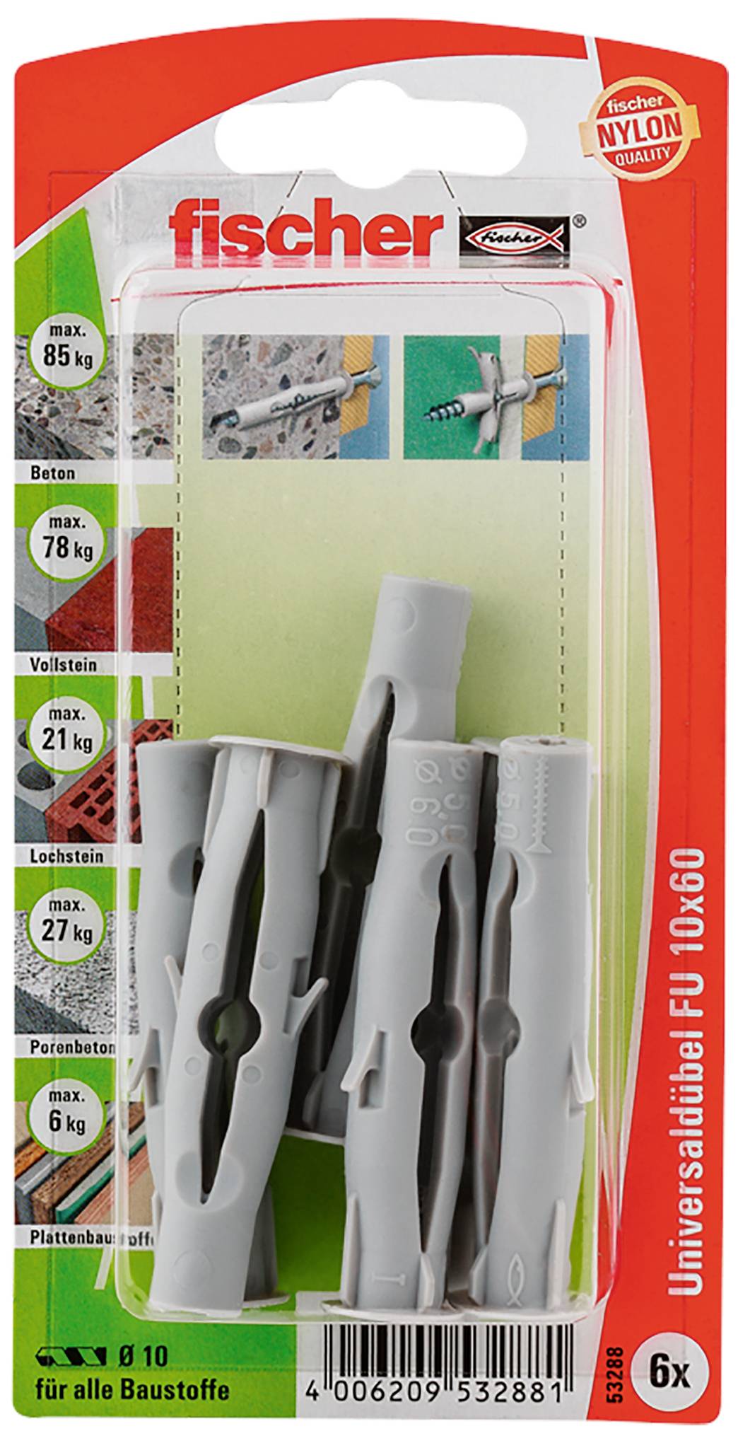 Paket sa šest sivim универзалним típljevima od Fischera, prikladnim za različite građevinske materijale, opterećenja navedena u kg, najlonske kvalitete.