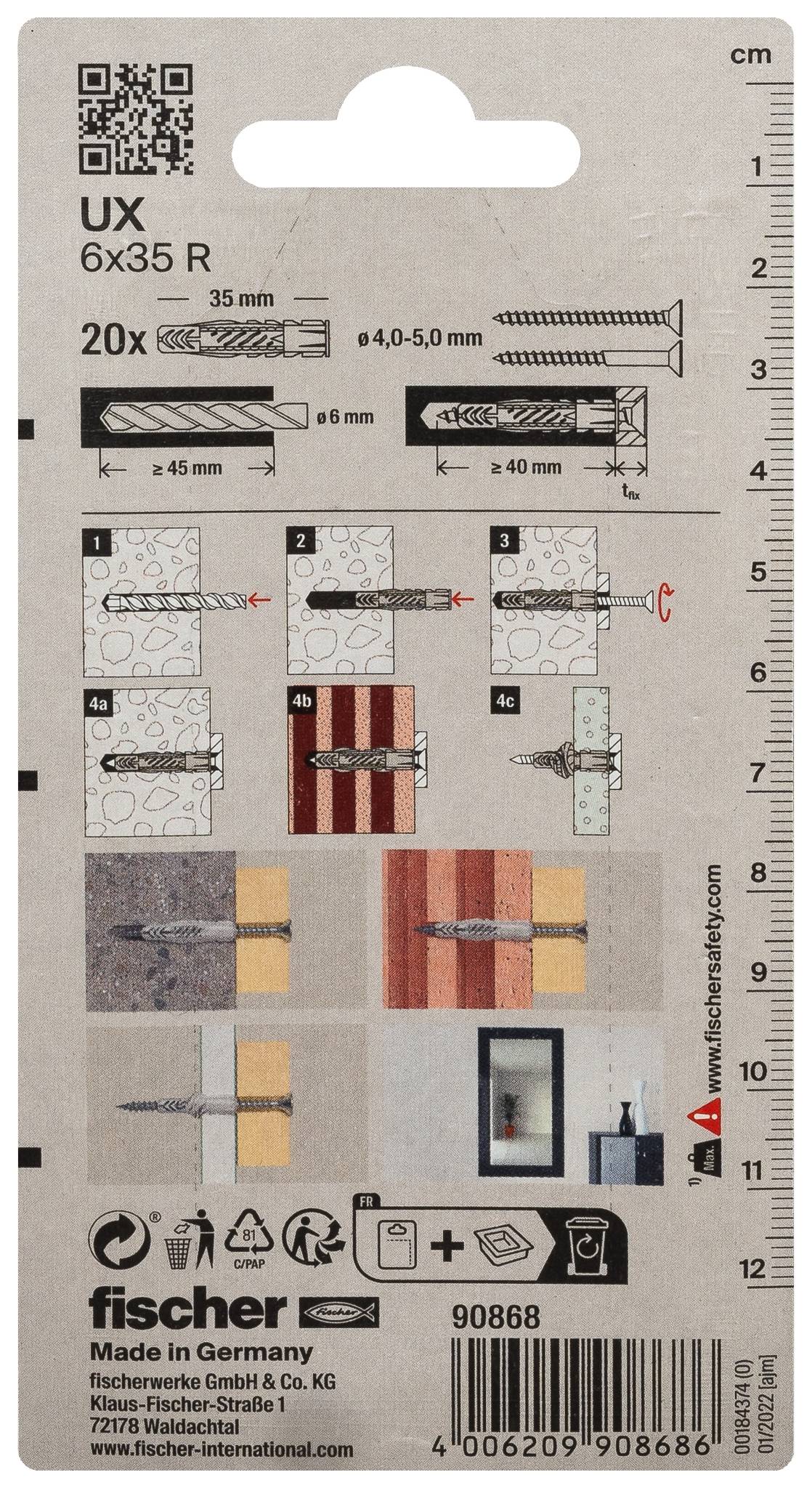 Fischer UX 6x35 R zidni sidreni čep ambalaža, koja prikazuje sidreni čep i korake montaže vijka, dimenzije i kod proizvoda 90868.
