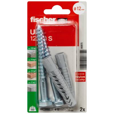 Paket Fischer DuoPower čepova za zidove i vijaka za rupe od 12 mm, koji prikazuje 2 sidra i 2 vijaka, kvalitete najlona.