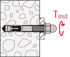 Presjek betonskog zida s sidrenim elementom. Desno je smjer zatezanja označen crvenom strijelom.