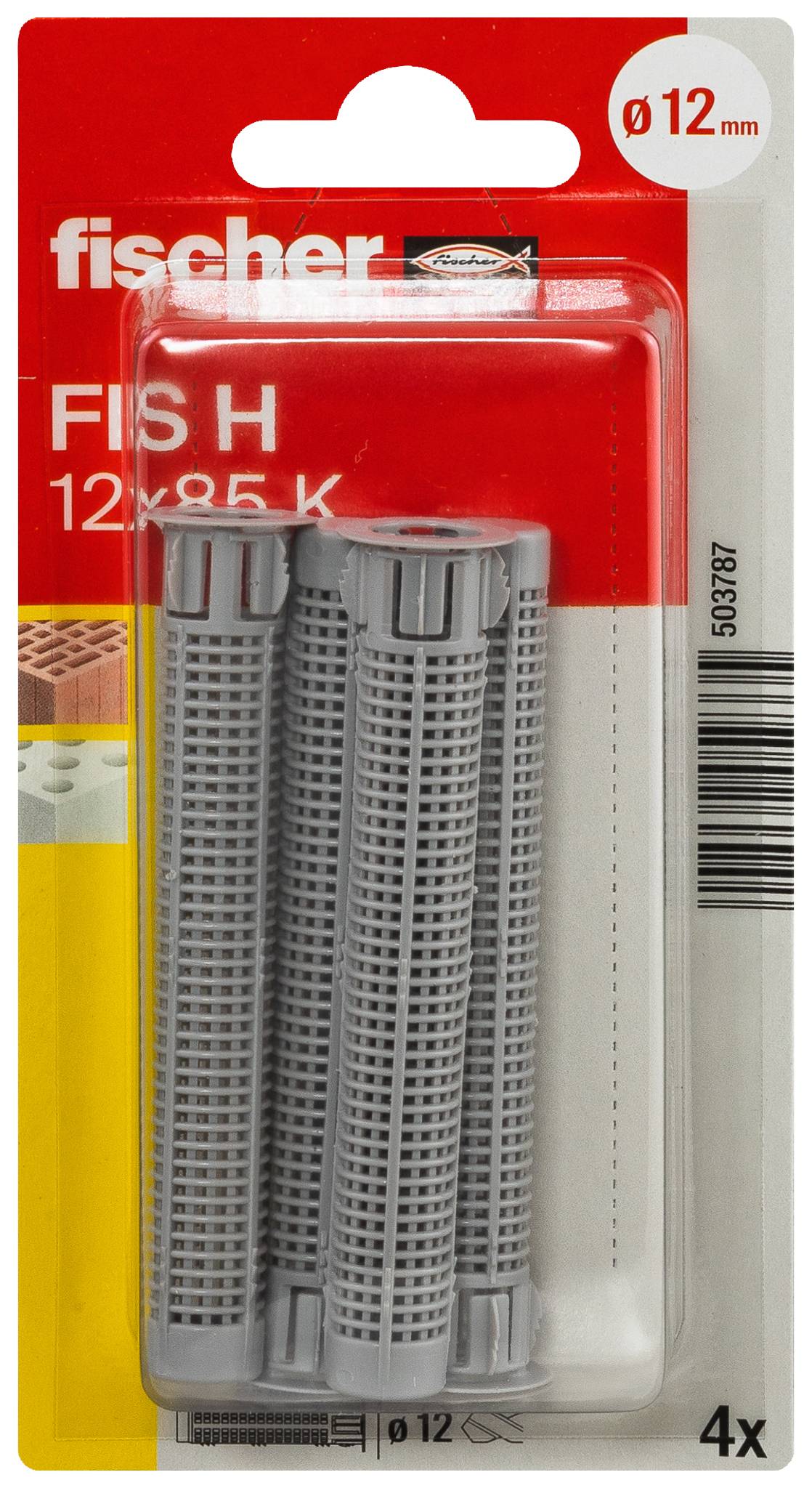 Paket od četiri sive Fischer FIS H 12x85 K zidne ancore za rupe od 12 mm, prikazane u prozirnoj plastičnoj ambalaži.