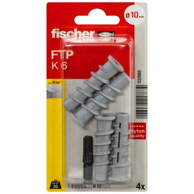 Pakovanje Fischer FTP K6 klinova za zid, prikazujući 4 sive nylon sidra i bušilicu, označene za rupe od 10 mm i maksimalno 20 kg.