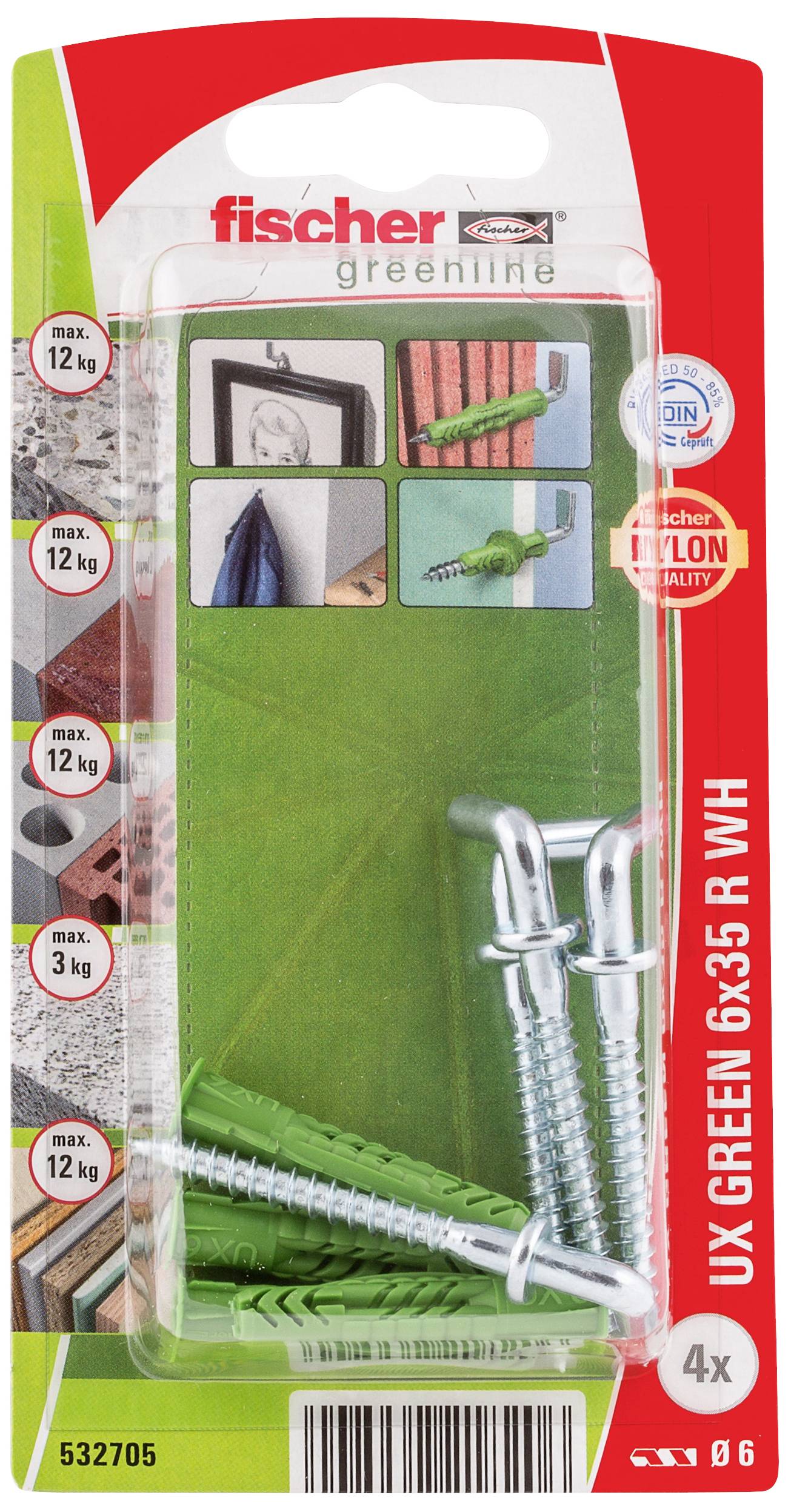 Paket s Fischer UX GREEN tipovima i vijcima. Pogodan za vješanje slika s nosivošću do 12 kg.