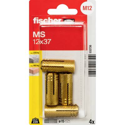 Paket Fischer MS M12x37 zlatnih metalnih sidrenih čavala, označenih maks 220 kg, 4-paket s ikonom burgije od 15 mm.
