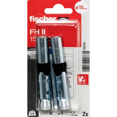 Pakirana Fischer FH II 15x kotvajoća svornjača, 2-dijelni set za 15 mm rupe, prikazana u crvenoj i prozirnoj maloprodajnoj ambalaži.