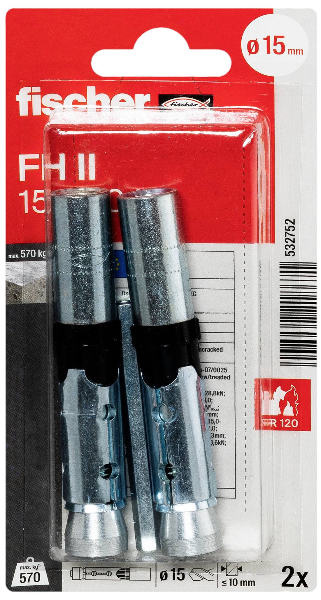 Pakiranje fischer tiplova FH II 15 s dva metalna tipla za bušotine promjera 15 mm. Pogodno za učvršćivanja do 570 kg.