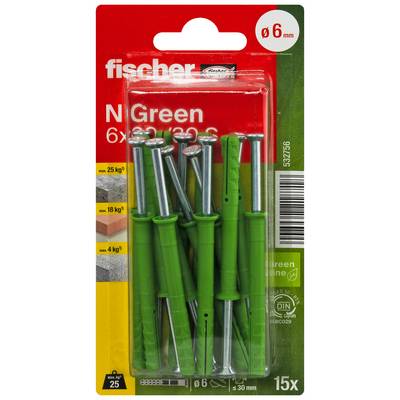 Pakovanje Fischer N Green utikača za zid, 6 mm, sa 15 zelenih ankernih tiplina i vijaka, označeno za opterećenja na zidanom materijalu do 25 kg.