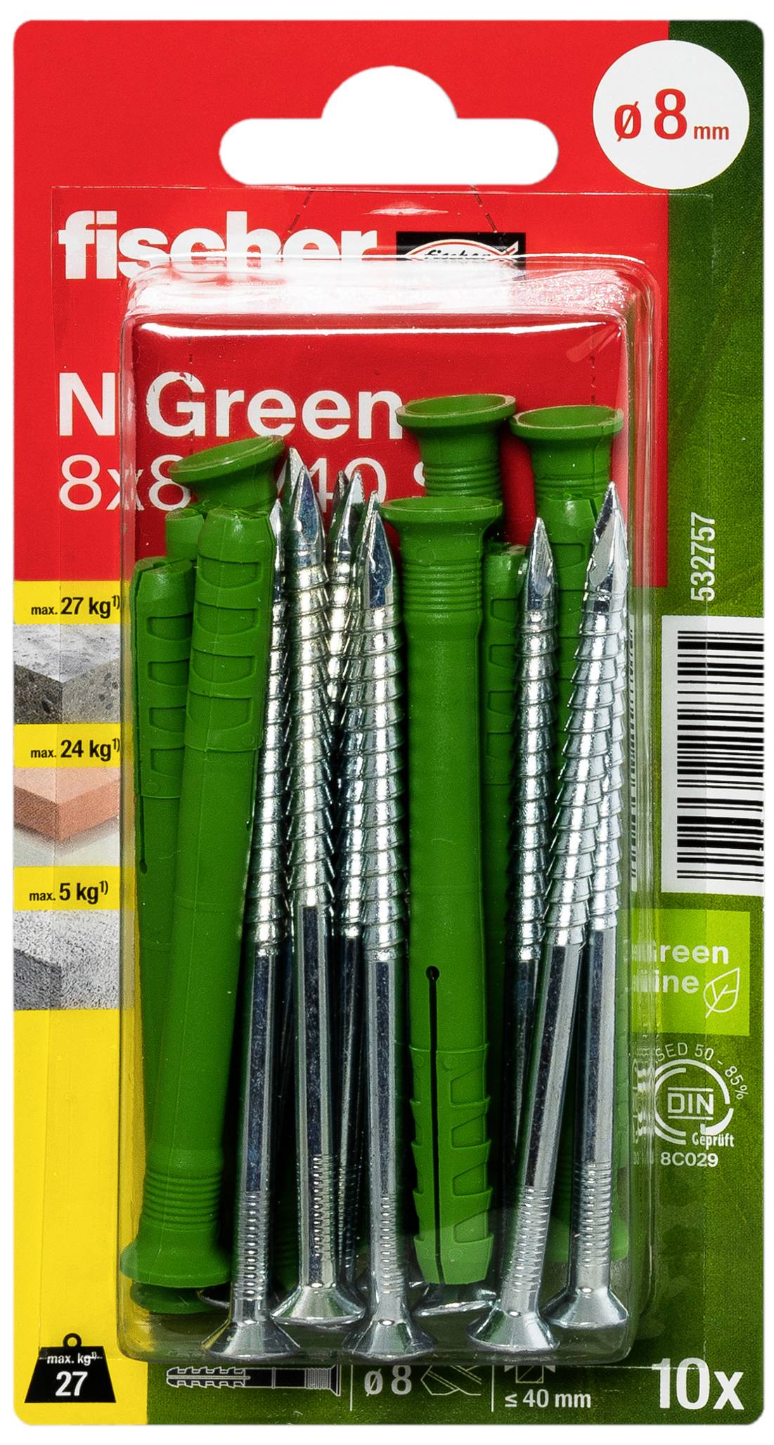 Fischer 532757 N Green 8 x 80/40 S K NV tipl za čavao 80 mm 8 mm 1 Set-1
