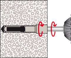 'Ilustracija kamenog bušača koji se rotira udesno kako bi prodro u beton. Prikazuje bušilicu s bočne strane.'