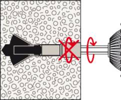 Svrdlo probija u zid gustog materijala. Crveni 'X' i strelica naznačuju da se rotacija ne smije izvoditi.