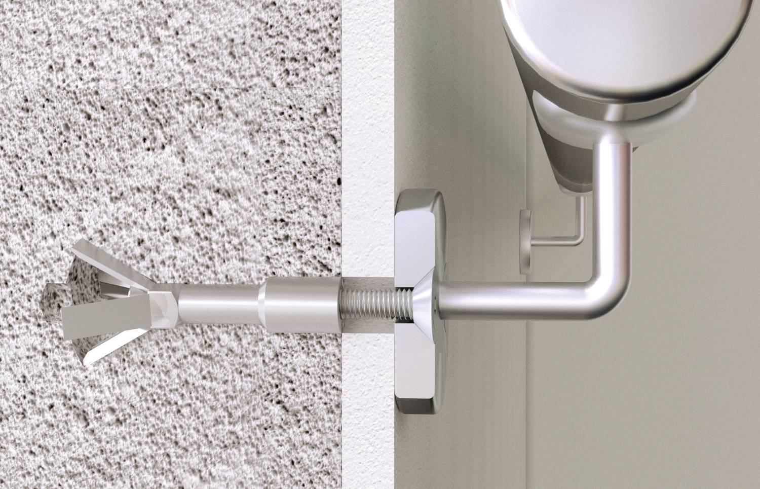 Snimak iz blizine ekspandirajućeg tiplera u betonskom zidu koji drži čvrstu metalnu šipku. Prikazuje mehanizam ugradnje i strukturu materijala.