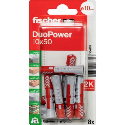 Paket Fischer DuoPower zidnih utikača, 10x50, 8-pack, prikazan u prozirnoj blisteru s crvenim i sivim ankerima i oznakom 'ø10 mm'.