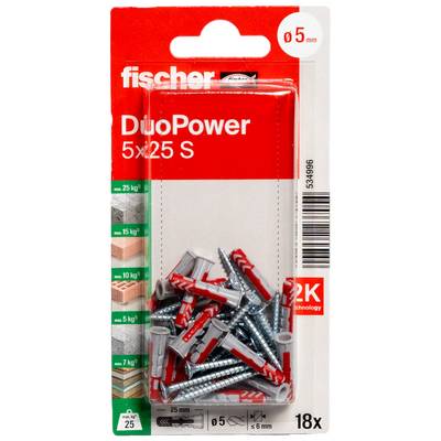 Paket Fischer DuoPower 5x25 S čepova za zid, 18 komada, za vijke od 5 mm, prikazano u crvenoj i bijeloj blisteru.