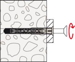 Tipla se uvija u zid. Zid se sastoji od nepravilnog kamenja. Crvena strelica pokazuje smjer okretanja.