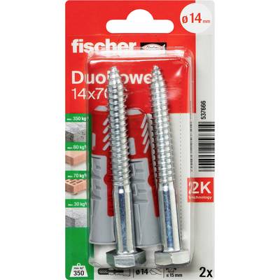 Paket Fischer DuoPower zidnih plugova s 2 srebrne vijka, označen za promjer od 14 mm i duljinu od 15 mm, 2 komada