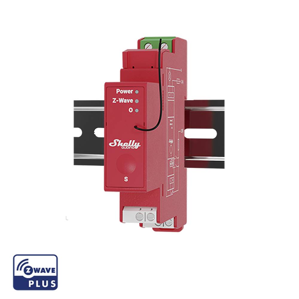 Rotes Shelly Z-Wave Plus modulo za DIN šinu za upravljanje električnim uređajima. Lijevo dolje logotip Z-Wave Plus.