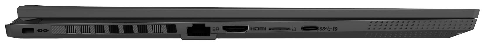 Pogled sa strane prikazuje laptop s različitim priključcima, uključujući Ethernet, HDMI i USB, koji nude jasne mogućnosti korištenja.