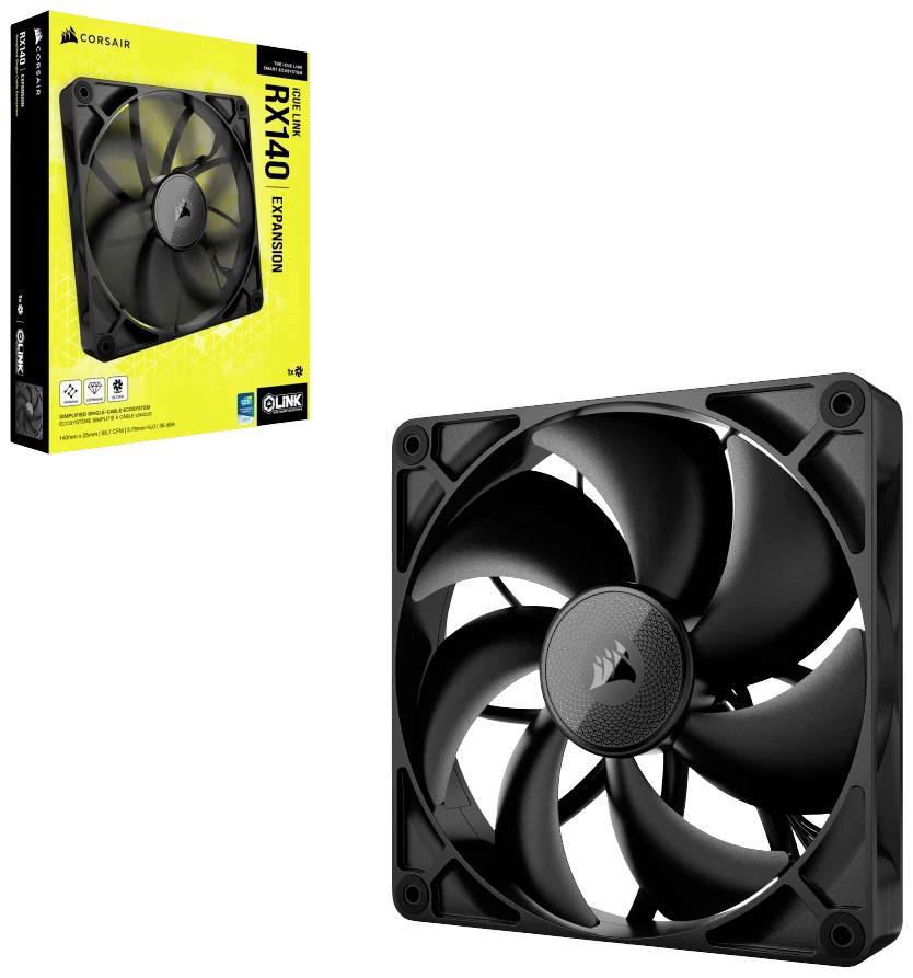 Crni računalni ventilator s devet lopatica rotora ispred žutog produktnog kartona na kojem piše "Corsair RGB Fan RX140".
