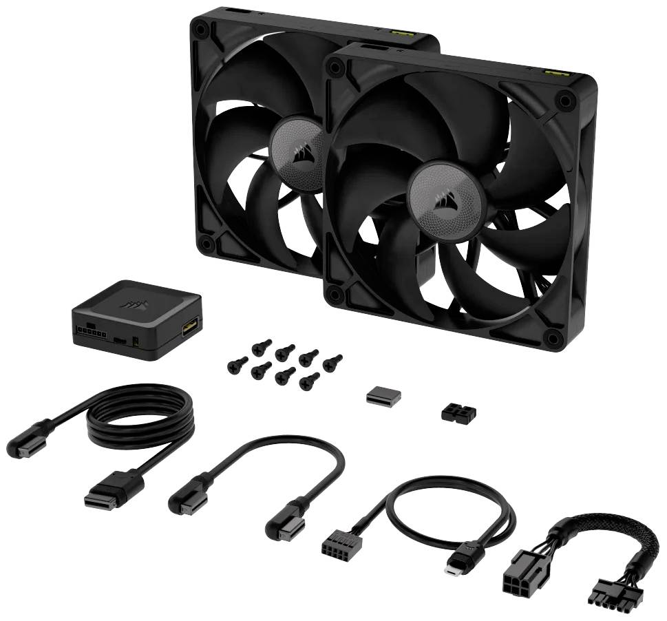 Dva crna računalna ventilatora s priborom poput vijaka, kabela i upravljačke kutije. Pogodni za hlađenje PC sustava.