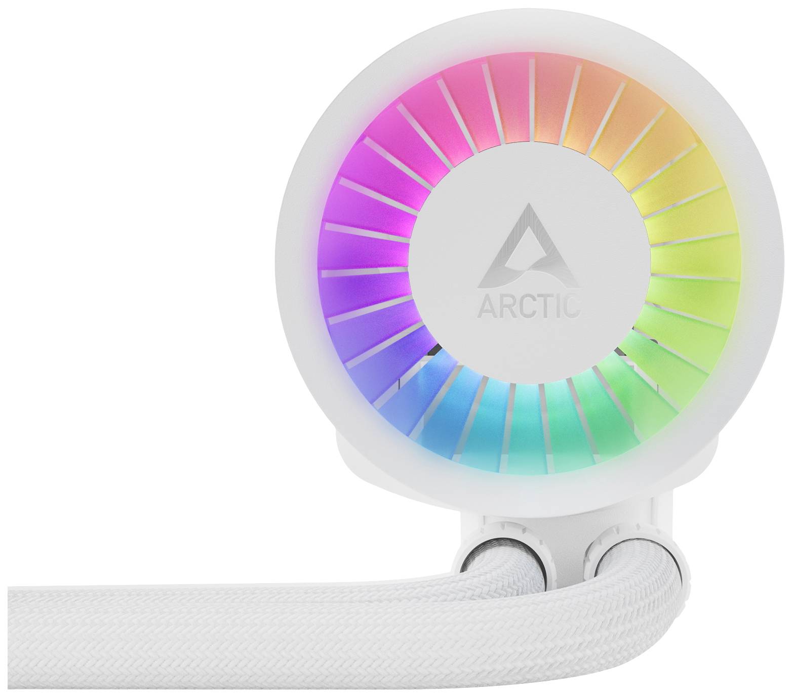Hladnjak s okruglim RGB osvjetljenim ventilatorom u bojama duge, montiran na bijelim cijevima, robna marka 'Arctic'.