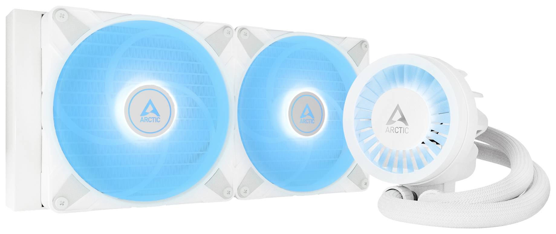 Bijeli PC hladnjak s dva plava ventilatora i okruglim rashladnim tijelom marke Arctic, spojeni bijelim cijevima.