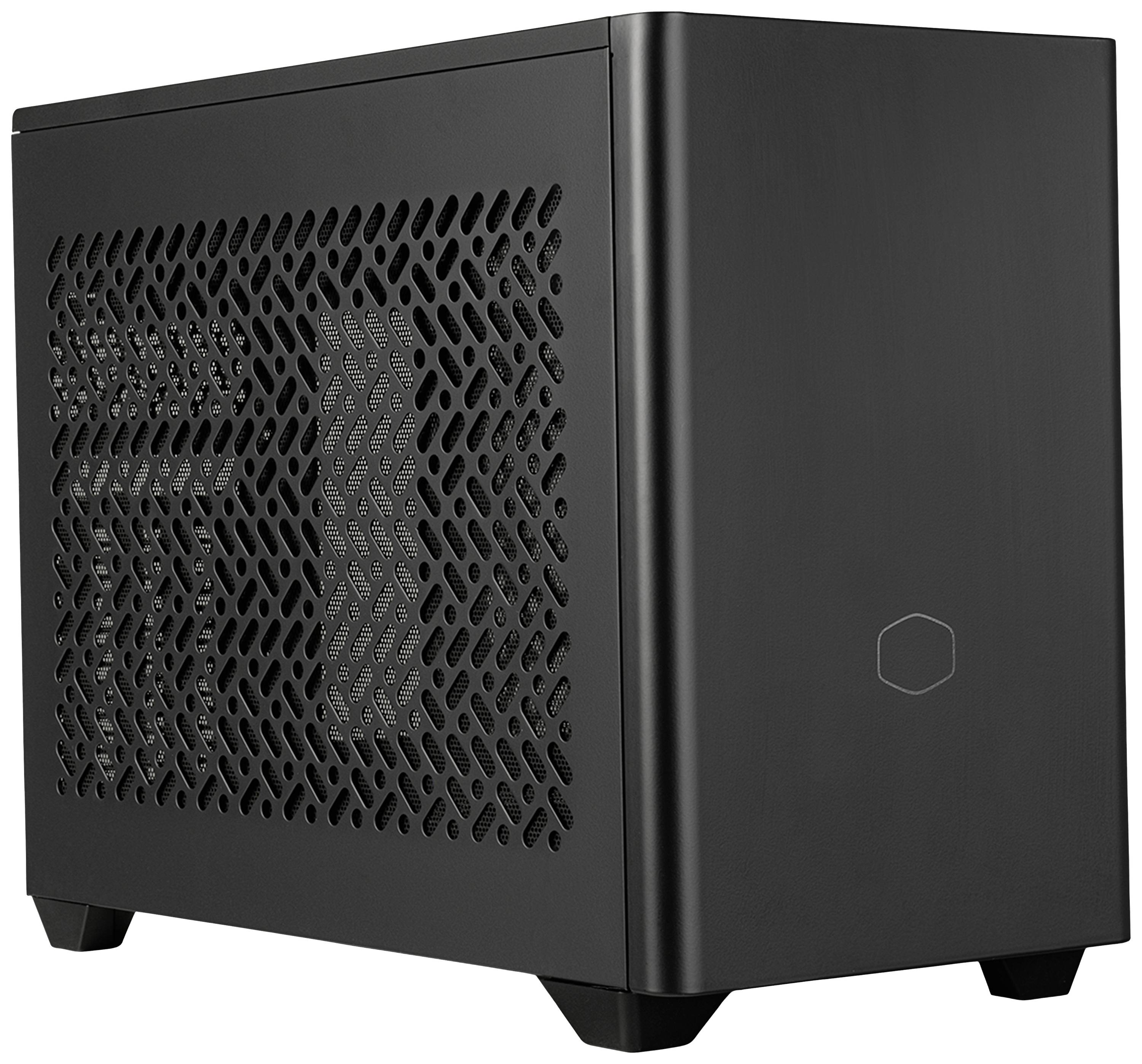 Kompaktno crno računalno kućište s bočnim ventilacijskim otvorima, pogodno za male ITX sustave u minimalistički dizajniranom stilu.