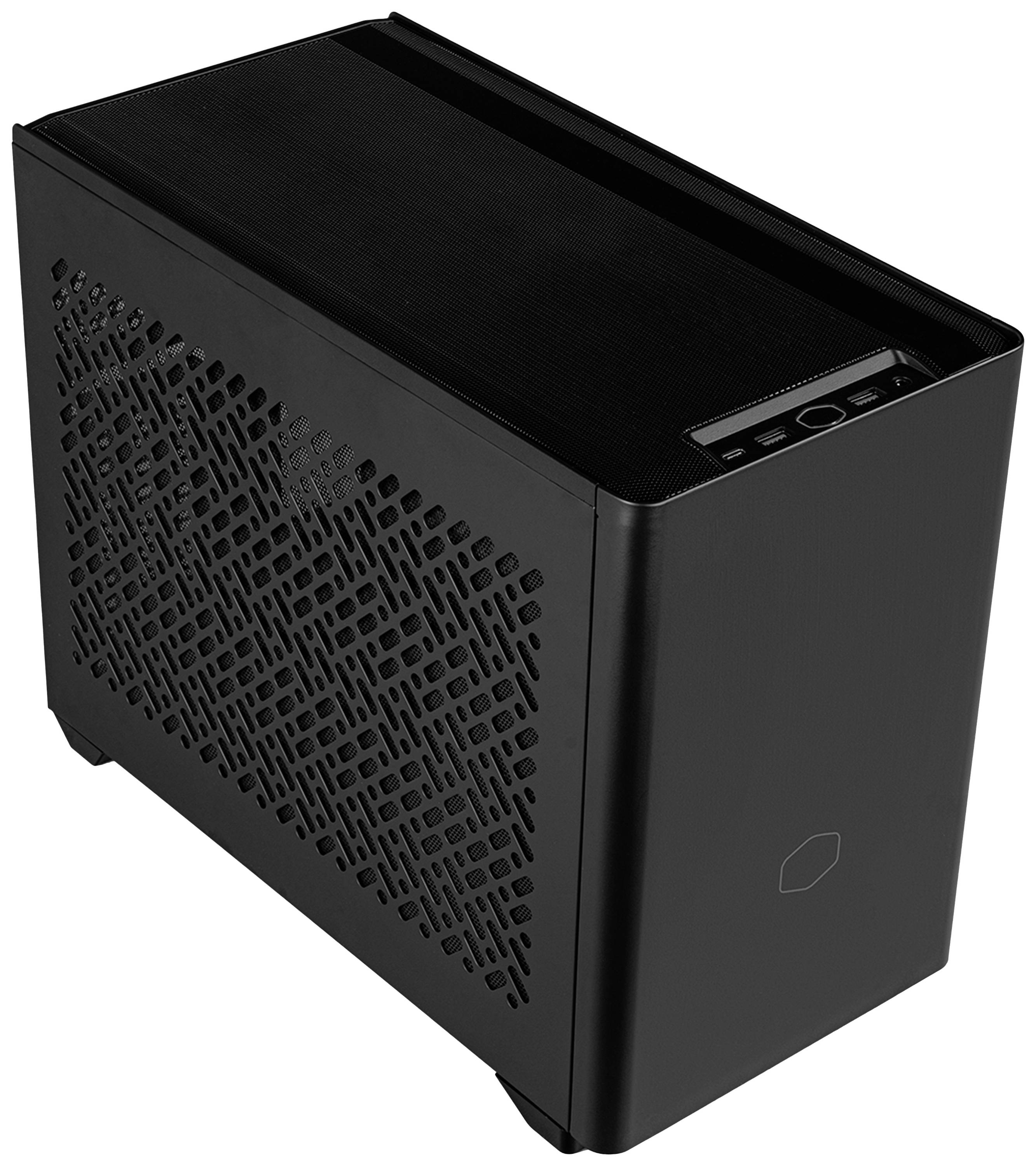 Crno kućište računala s bočnim ventilacijskim otvorima i priključcima na vrhu. Minimalistički dizajn, namijenjeno za sklapanje PC-a.