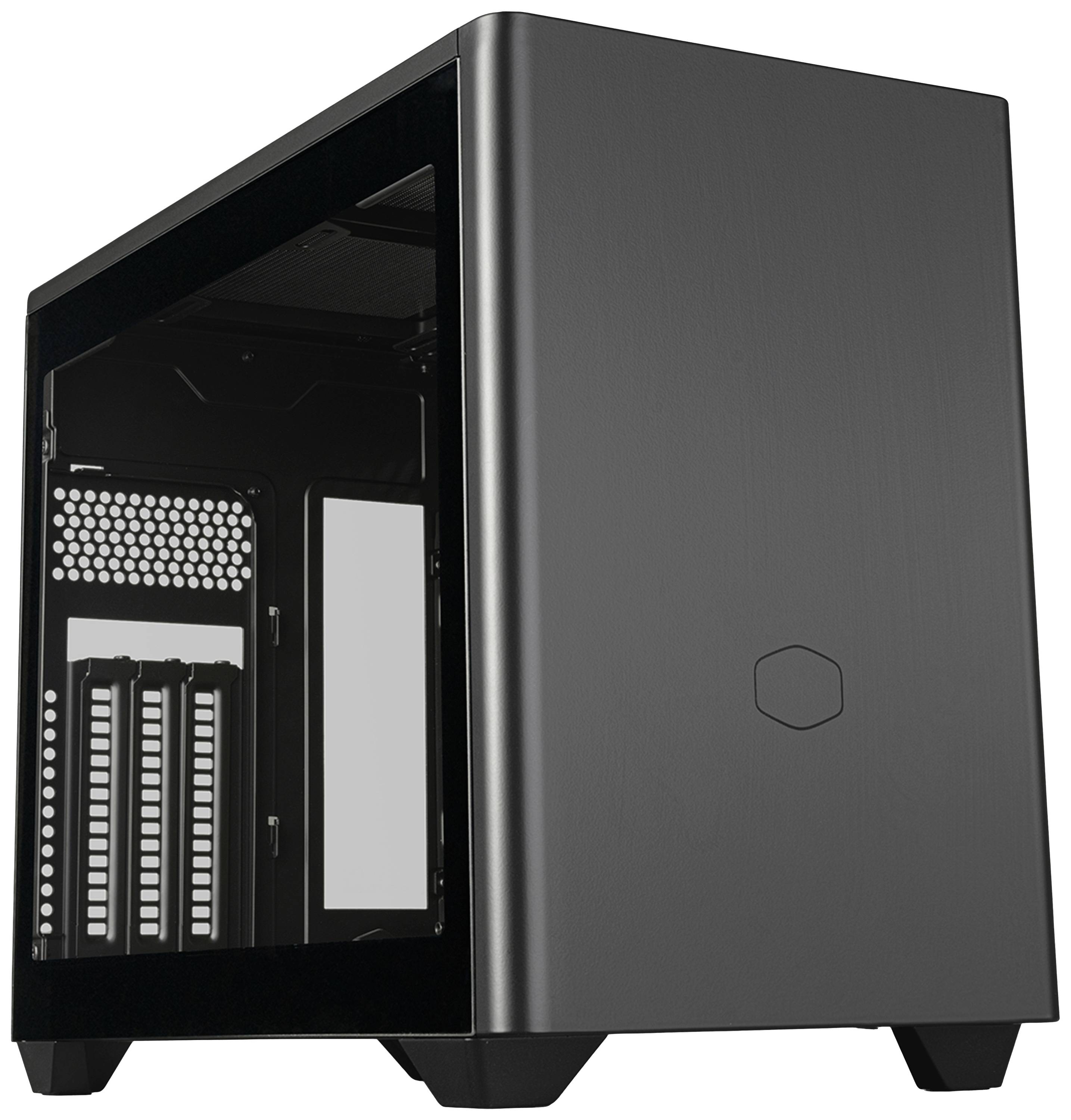 Računalno kućište od crnog metala s prozirnom bočnom stranicom. Pogodan za smještaj PC komponenata.