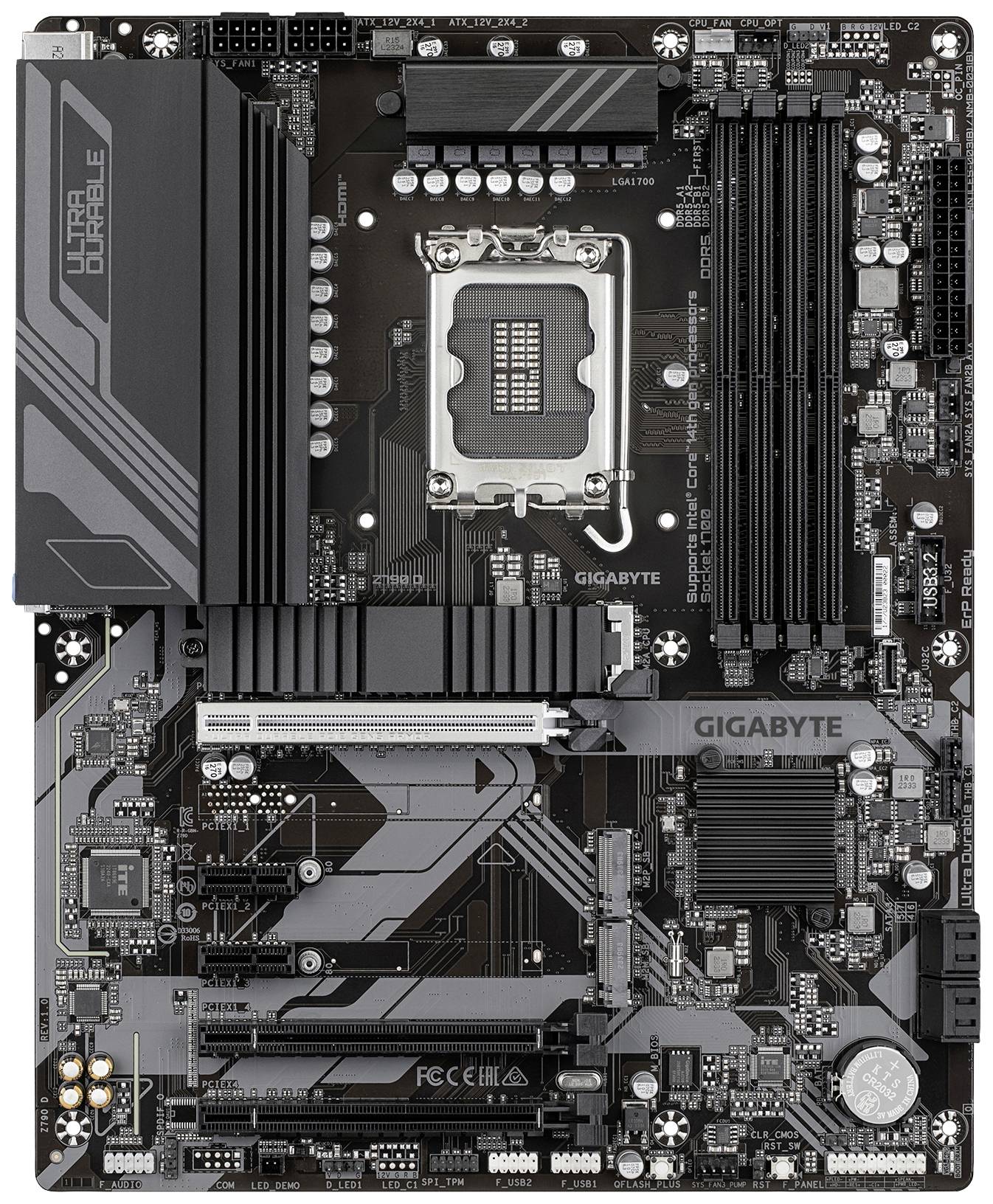 Crna matična ploča s nekoliko utora i priključaka, uključujući CPU socket, utore za RAM i PCIe proširne utore.