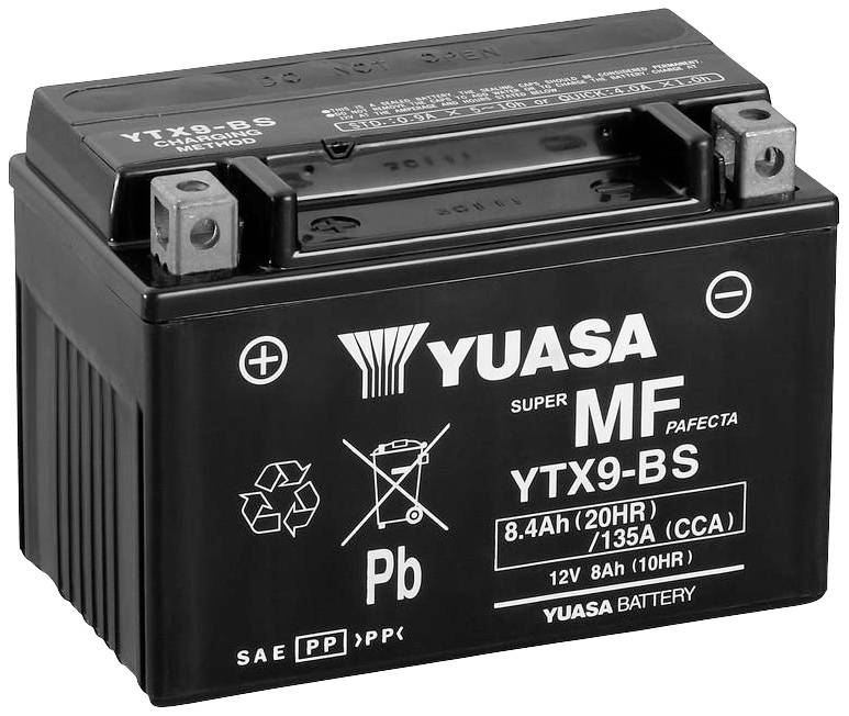 Crna motociklistička baterija s natpisom 'YUASA MF YTX9-BS', 12V, 8,4Ah; pogodna za različite motocikle.