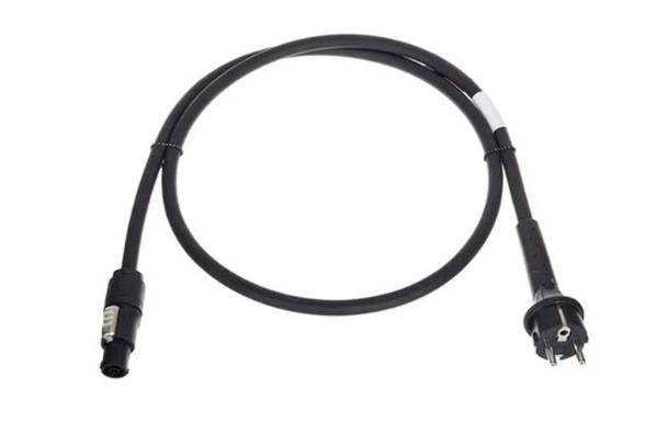 Crni električni kabel s Schuko utikačem na jednoj strani i specifičnim okruglim utikačem na drugoj strani.
