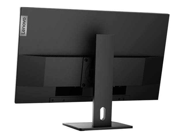 Crni Lenovo monitor s leđa. Postolje je učvršćeno u sredini, a Lenovo logo je vidljiv lijevo.