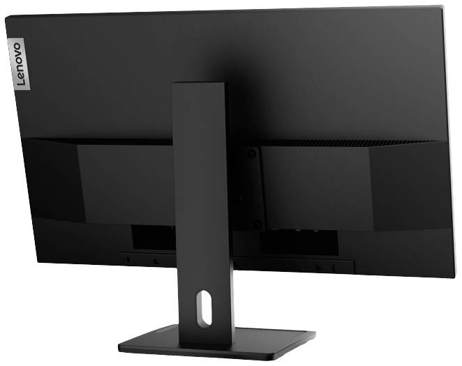 Crni Lenovo monitor odzada, koji stoji na pravokutnoj stalnoj podlozi, prikazuje jednostavan, moderan izgled uređaja.