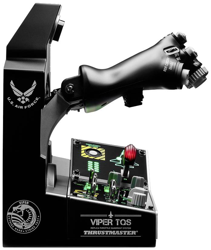 Joystick upravljački sustav s tipkama i polugama. Natpis 'U.S. Air Force' i 'Thrustmaster'. Razvijen za letačke simulacije.