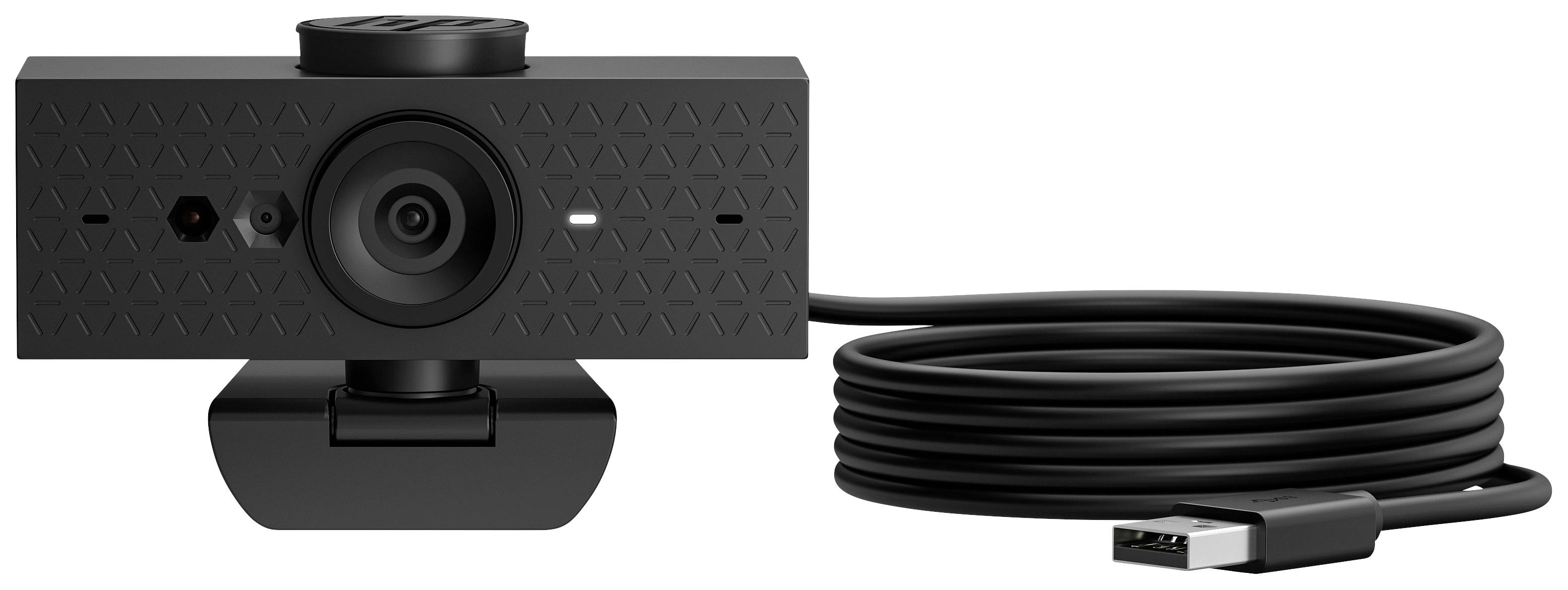 Crna web kamera s USB kabelom za spajanje, pogled sprijeda. Objektiv kamere u sredini, pogodan za video pozive ili streaming.