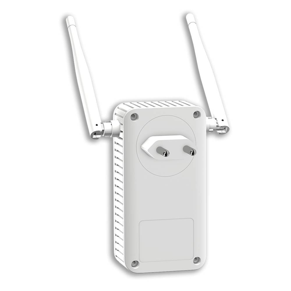 Bijeli WLAN repeater s dvije antene i europskim utičnicama za montažu na zid, pogled odozgo.