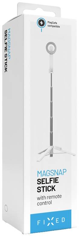 Ambalaža 'Magsnap Selfie Stick' s daljinskim upravljačem, prikazuje sliku štapa za selfije s tekstom opisa. Marka 'FIXED'.