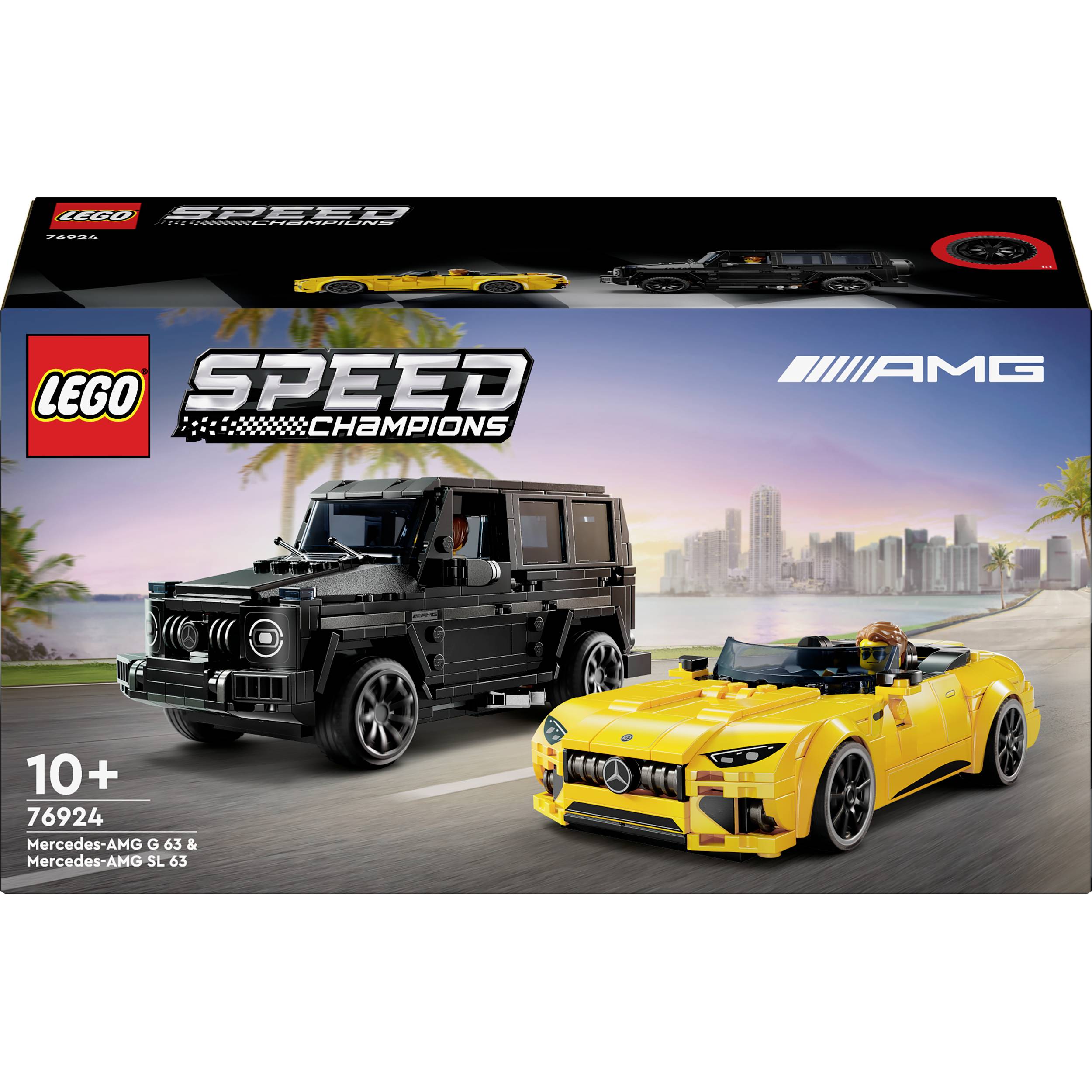 Dva LEGO-auto modela: crni Mercedes G 63 i žuti Mercedes AMG GT R. U pozadini sunčanski gradski krajolik.
