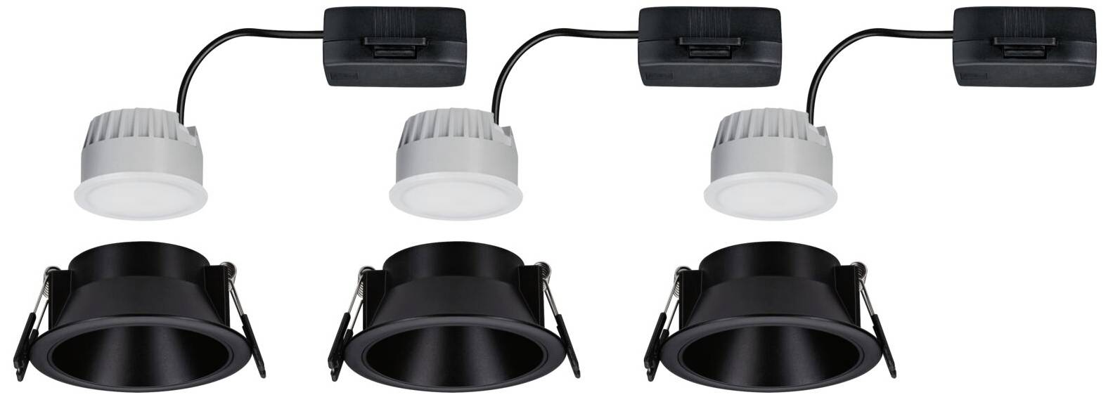 Tri crna i tri bijela okrugla LED ugradbena stropna reflektora s montažnim postoljima, svaki namijenjen unutarnjem korištenju.