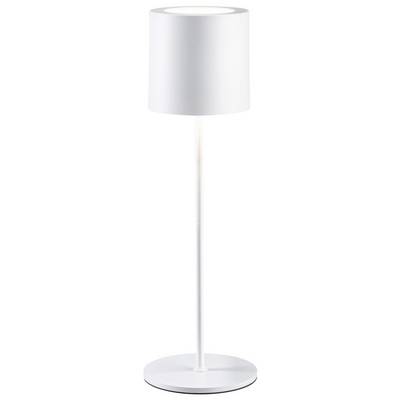 Bijela, vitka stojeća lampa s cilindričnim sjenilom i okruglom bazom, modernog dizajna.