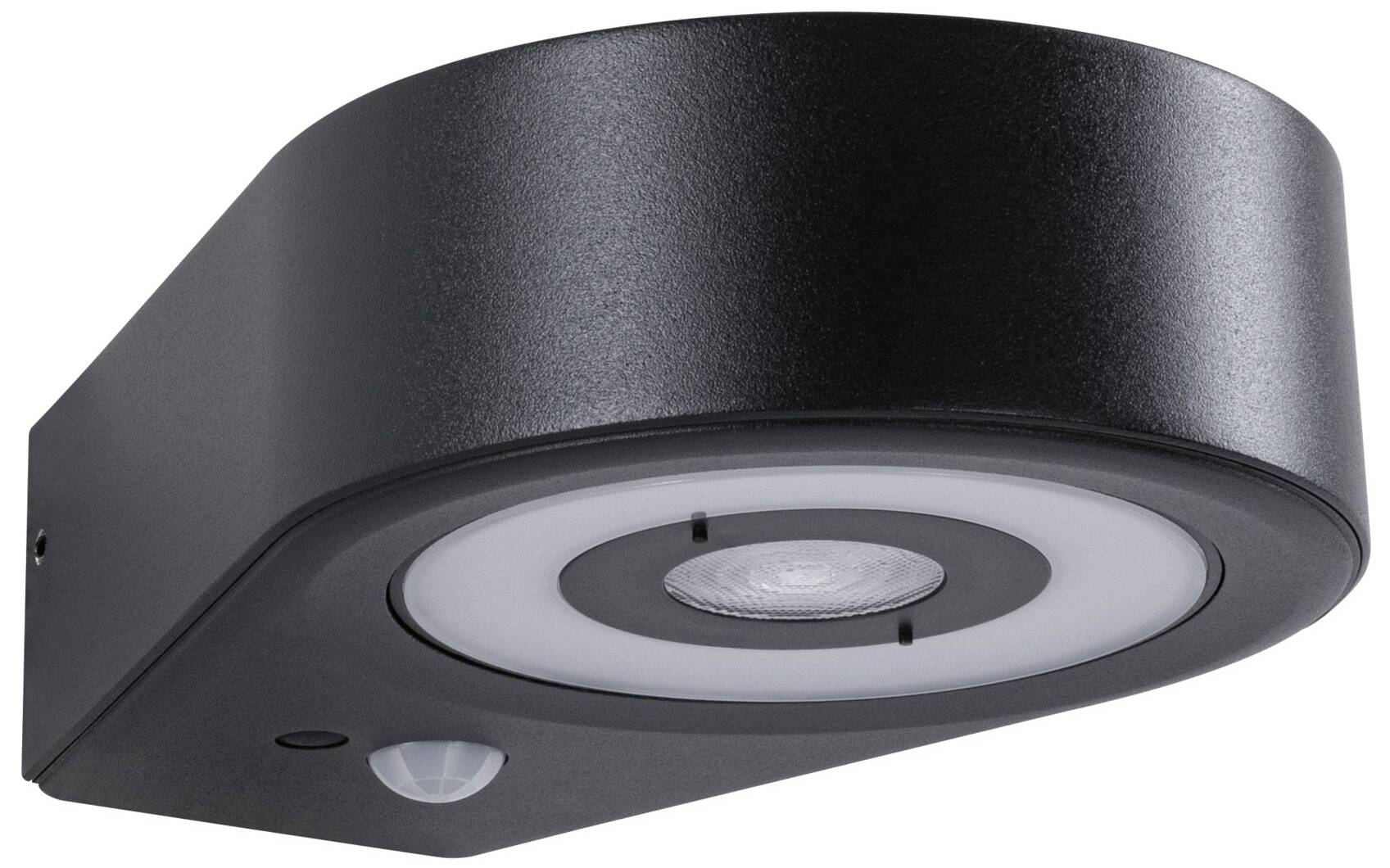 Vanjska zidna lampa crnog, zakrivljenog oblika s integriranim senzorom pokreta i kružnom LED svjetiljkom u sredini.