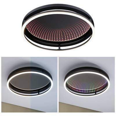 Crna stropna lampa s tri prikaza: gore s crvenim LED-točkama, dolje s bijelim svjetlom, desno s šarenim LED-diodama.