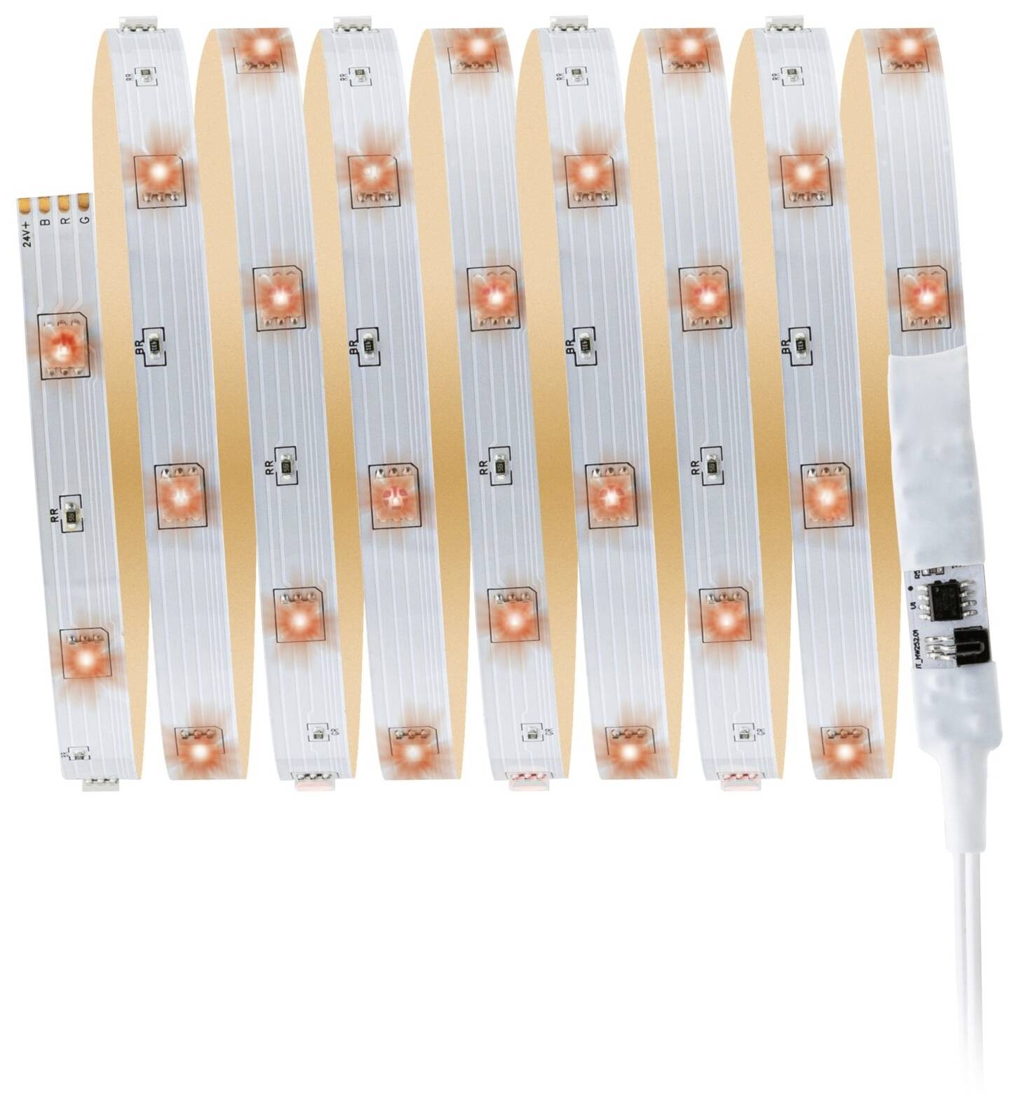 LED traka prikazuje crveno svjetleće LED diode u pravilnim intervalima, postavljene na fleksibilnoj traci.
