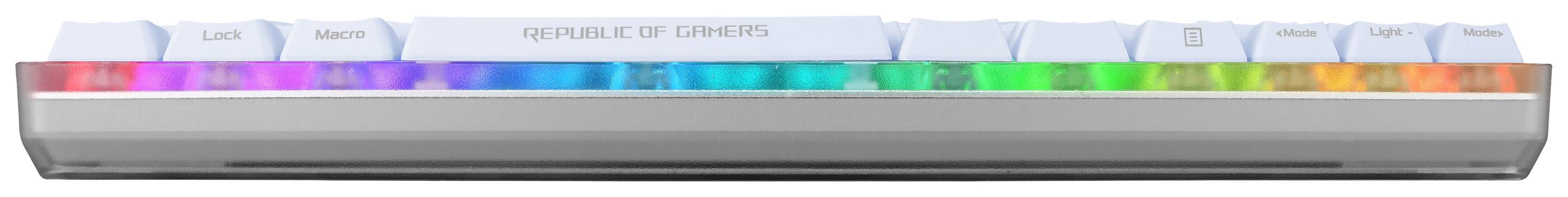 Tipkovnica s šarenom RGB pozadinskom rasvjetom i srebrnim kućištem u bočnom profilu. Tipke su bijele s natpisom 'REPUBLIC OF GAMERS'.