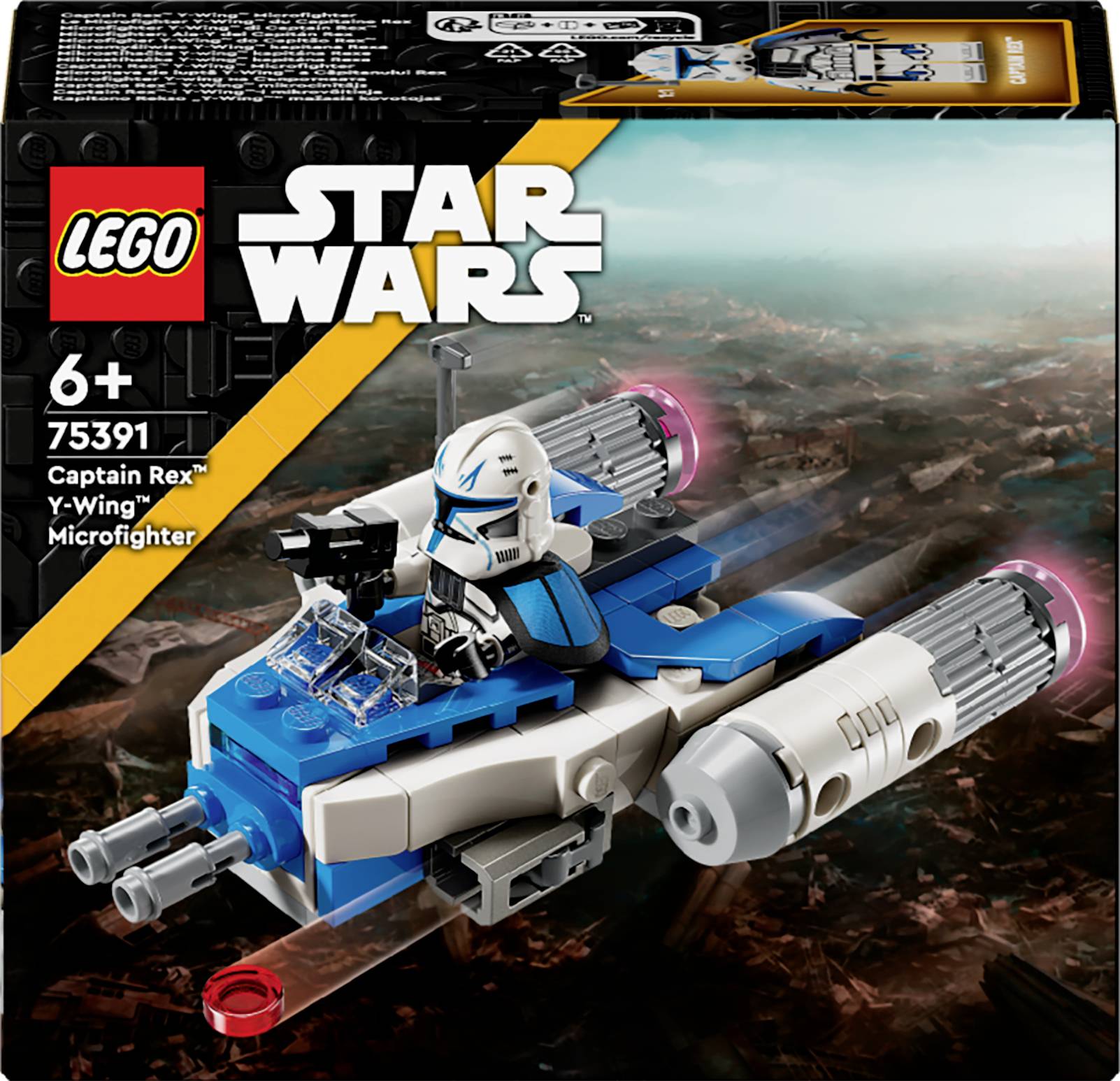 Lego Star Wars Set 75391 s 'Captain Rex's Y-Wing Microfighter', prikladan za djecu od 6 godina. Slika ambalaže s letjelicom i mini figurom.