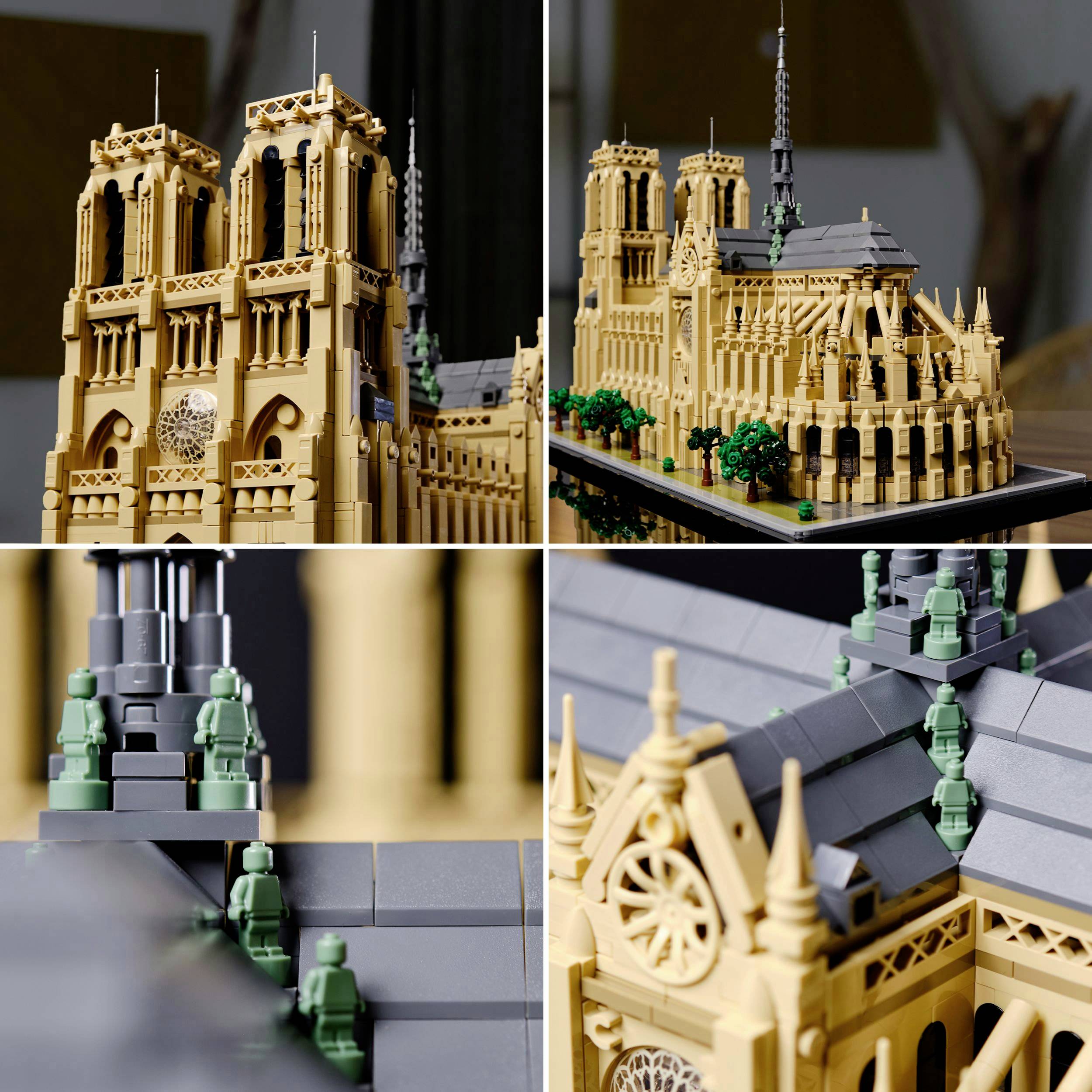 Detaljan LEGO model katedrale Notre-Dame s precizno reproduciranim tornjevima i arhitektonskim elementima.